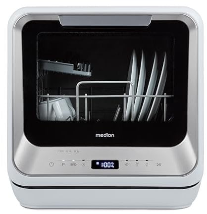 MEDION Mini Geschirrspüler DWT20 (Tischgeschirrspüler, Spülmaschine, 2 Maßgedecke, funktioniert mit/ohne Wasseranschluss, 6 Reinigungsprogramme, Babyflaschen, Startzeitvorwahl, freistehend) silber