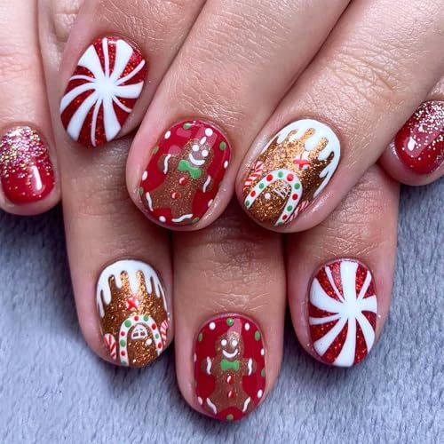 Christmas Press on Nails - 24PCS Short False Nails - Red Christmas Style with Gingerbread Man & Crown False Nails with Glue - Acrylic Nails Home DIY Nail Gifts for Women