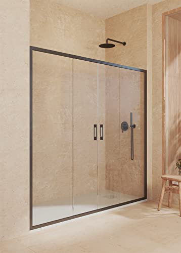 SOULBATH Mampara de Ducha Frontal 2 correderas + 2 fijos, con Perfil Inferior, Fácil instalación Vidrio de Seguridad 6mm antical, 159 a 163cm Ancho Adaptable x 195cm Alto, Negro Mate