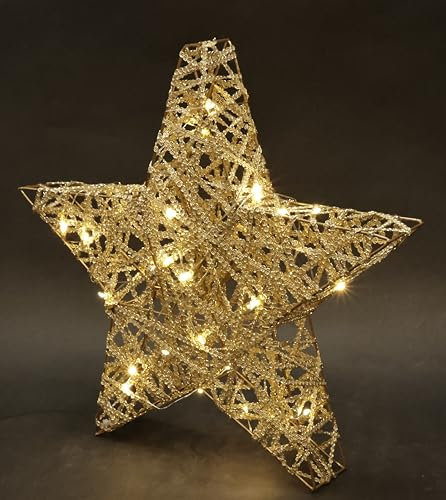 LED Deko Leuchte mit LED in Warmweiß Silber Leuchtstern aus Metall mit Timer Funktion batteriebetrieben 45 cm groß Winter- & Weihnachtsdeko Weihnachtsstern Beleuchtung Stern Sternlampe, gold klein