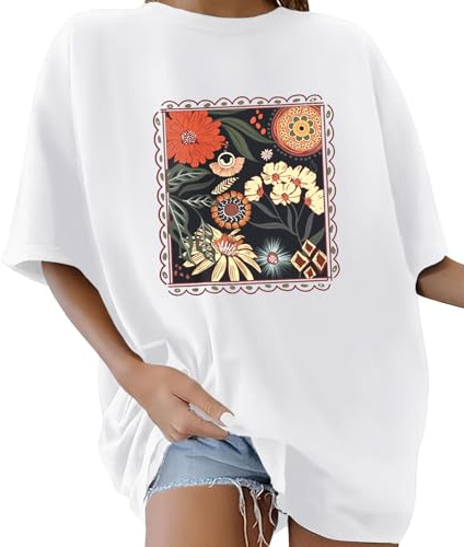 Lonya T-Shirt Oversize pour Femme à col Rond Manche Courte Tee Shirt Grande Taille Lettres Créatives 80s années 80 Vintage Rétro D'été Décontracté Coton Loose Haut Imprimé Streetwear Blouse