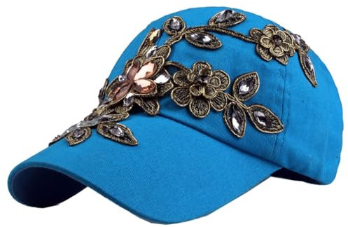 Kabelife Damen Jeans Baseball Cap Baseballkappe mit Blume Strass Basecap Sonnenhut Hip Hop Hut für Outdoor Sport Reisen(DE/NL/SE/PL, Numerisch, 56, 60, Blau)