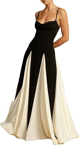 Fiacafyo Elegant Color Block Evening Gown Dress Low Cut Sleeveless Patchwork Pleated Maxi Dress for Women High Waist A Line Flowy Swing Dress (A-Black, S)
