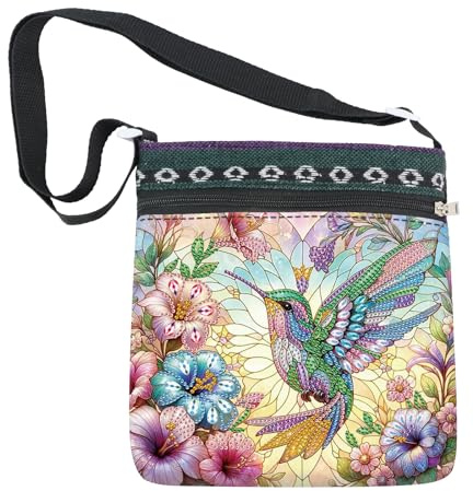 SHEGZHUC Diamond Painting Tasche Diamant Painting Tragetasche Stofftasche Kosmetiktasche Geldbörsen Handtasche für Mädchen Frauen Bastelset Geschenk || Kolibri Vogel Blumen