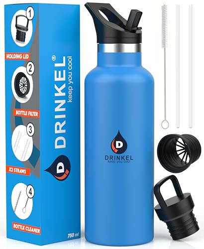 D Drinkel Bouteille d'eau en acier inoxydable avec paille - Bouteille d'eau isotherme pour le froid et le chaud - Sans BPA - Anti-fuite avec couvercle supplémentaire - 750 ml - Bleu