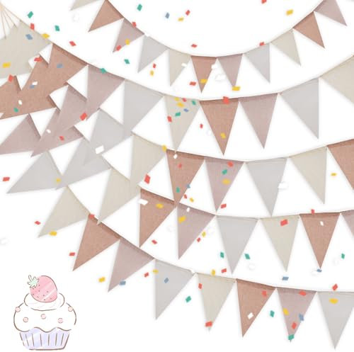 4 Stück Wimpelkette Outdoor, 16M Wetterfest Leinenimitat Wimpel Vintage Bunt Flaggen Girlande mit 48 Wimpelkette für Halloween Hochzeit Geburtstag Party Garten Indoor Dekoration (Beigebraun)