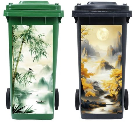 peacoblue Wheelie Bin Stickers 2 Sheets Chinese style Pattern Sticky Dustbin Stickers Decals, 15in x 32in Waterproof Self Adhesive Large Decal for Trash Cans Bins Driveway Garden Outdoor