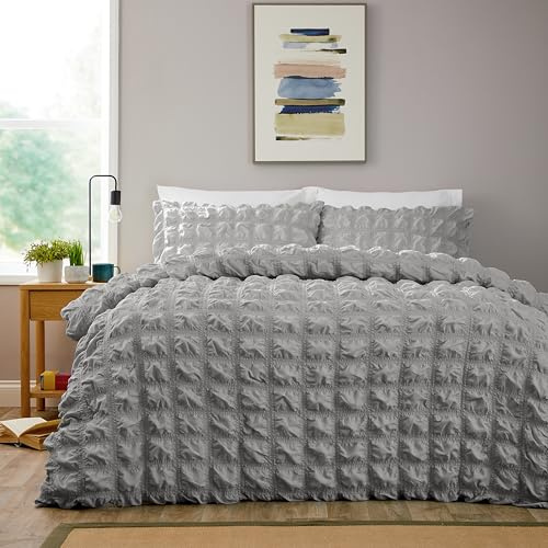 Olivia Rocco Soho Duvet Cover Set with Pillowcases Quilted Design Super Soft Bedding Easy Care Bed Linen Sets, Grey Super King