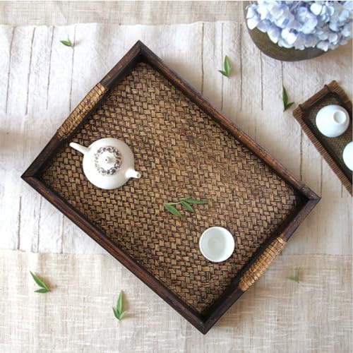 Wakects Wooden Serving Tray Vintage Decor Serving Plate Multi Purpose with Dual Handles for Tea Set Fruits Food Home Hotel 30x25x4cm