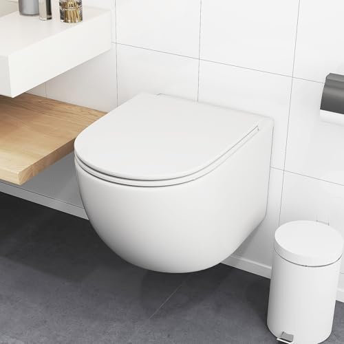 GIANTEX Kantlös hängande toalett, keramisk väggtoalett med avtagbart lock, mjuk stängning, dubbelspolningssystem, utrymmesbesparande design, 52,5 x 35,8 x 36 cm