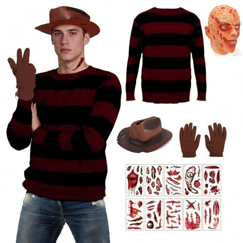 Horror Streifen Pullover Kostüm, Hut Handschuhe Tattoos Halloween Kostüm | Grusel Party Verkleidung, gruseliges Kostüm Zubehör für Erwachsene, Cosplay Outfit