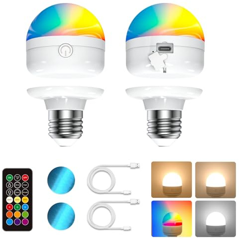 LUTW Rechargeable Light Bulb, Smart RGB Colour Changing Light Bulb, 2 Pack | 7W 12RGB 3 Color Temperature Remote Control E27 Bulb, Dimmable and Detachable Battery Light Bulbs for Lamps