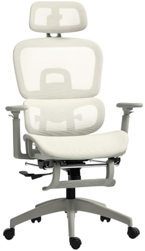 HOMCOM Bürostuhl mit Liegefunktion 4-Fach Verstellbar Rückenlehne Beige | Ergonomisch Schreibtischstuhl, Höhenverstellbarer Drehstuhl, Klappbar Armlehnen, Kopfstütze, Lendenwirbelstütze