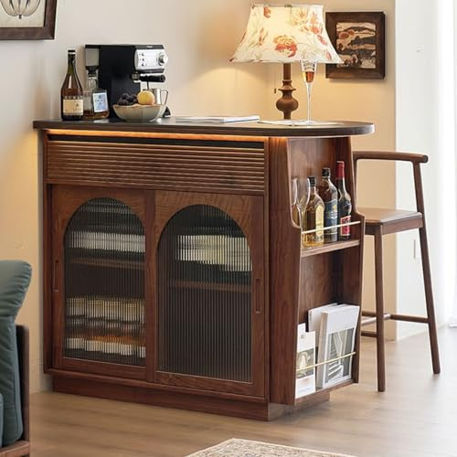 LLNWDNB Bartisch mit Stauraum & Schiebetüren Aus Glas Stehtisch Mit Seitenregal und Schublade Anrichte In Retro-Optik Stauraum für Wohnzimmer Küche Schlafzimmer A