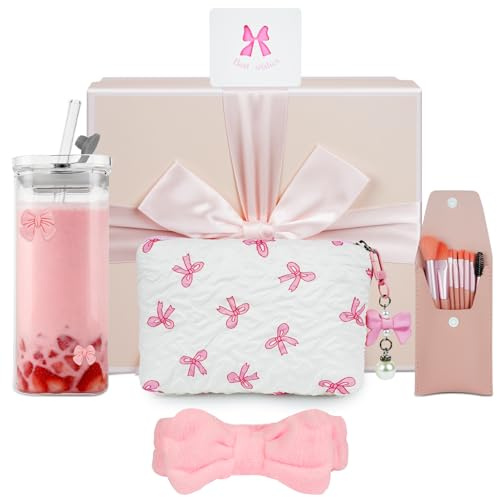 AUYAO Gifts for Girls Teenage Women Christmas Birthday Gift Set Coquette Pink Bow Gift Set with Glass Cup with Lid and Straw Headband Makeup Brushes Cosmetic Bag Greeting Card Unique Presents