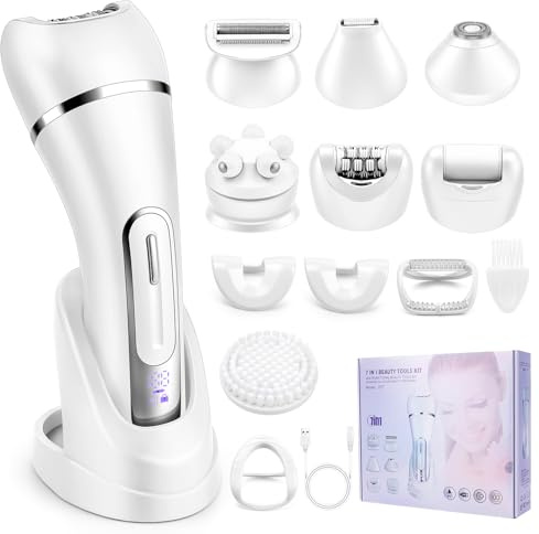 7-in-1 Women's Electric Shaver, Women's Epilator, IPX7 Waterproof Bikini, Women's Intimate Area, LED Display, Trimmer, Intimate Shaver for Women for Bikini, Armpits, Legs (White)