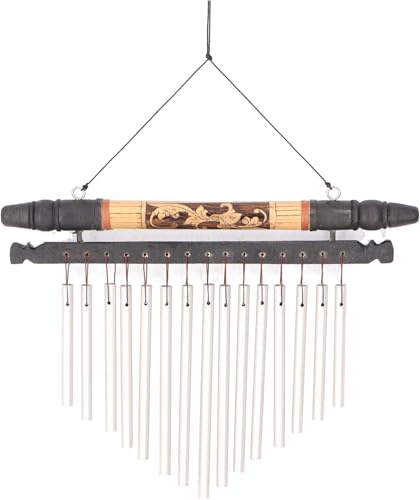 GURU SHOP Aluminium Klangspiel, Exotisches Windspiel aus Bambus mit Schnitzerei 30 cm - Variante 14