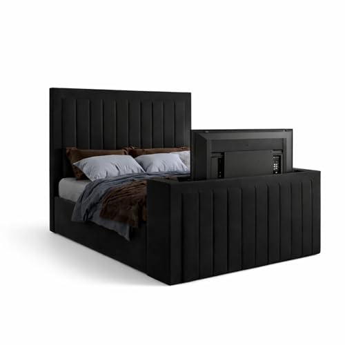 Black Double TV Bed Frame with Storage TV Bed – Ottoman Double Bed with Remote-Controlled TV Lift – Plush Velvet Fabric, 54 Headboard – Bed with Gas Lift Storage & 38 Footboard