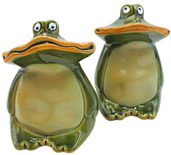 2er Set Deko-Frösche, Breitmaulfrösche, Gartenfigur Frosch, Frösche für Garten, Terrasse oder Teich, Froschfiguren aus Keramik, sitzend, lasiert in dunkelgrün, Größe: L/B/H ca. 7 x 7 x 10 cm.