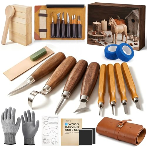 HA BIN Kit de Sculpture sur Bois 25 pièces, Set Complet pour Débutants avec Couteaux de Sculpture, Pierre à Aiguiser, Gants, Bloc de Bois de Tilleul & Sac de Rangement, Kit pour Adultes