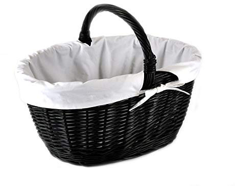 MyBer® Weidenkorb Korb aus Weide mit Stoffeinlage Picknickkorb Pilzkorb Autokorb Ausflugskorb BTH 43/33/25-35cm stabiler Tragekorb Einkaufskorb aus Weide geflochten schwarz K13-113-S-SW