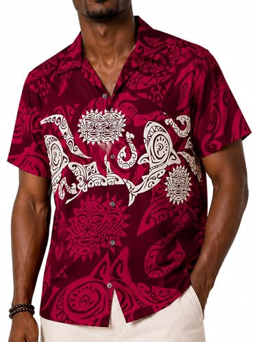 King Kameha Hawaiihemd Herren Kurzarm - Grünes Hawaii Hemd Männer Maori - Hemd Herren Kurzarm Hawaii Outfit - Hawaiian Shirts for Men - Maori, Maroon Red,