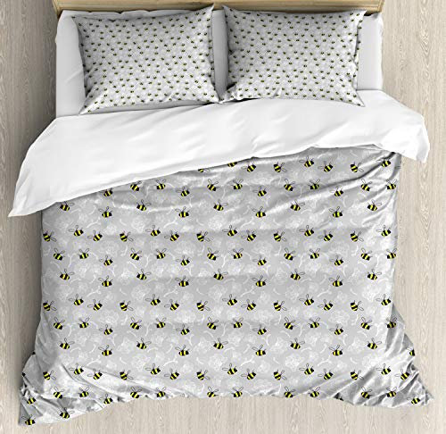 ABAKUHAUS Entomologia Set Copripiumino, Bombi e Orchidee, 3 Pezzi con 2 Fodere Cuscini, 200 x 200 cm - 70 x 50 cm, Giallo Antracite