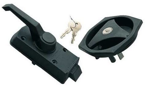Serrure Noire hexagonale à poignée pour Porte de Caravane avec Ouverture à Gauche + Barillet & clés FAP