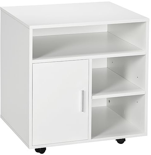 HOMCOM Multi-Storage Printer Stand Unit Office Desk Side Mobile Storage w/Wheels Modern Style 60L x 50W x 65.5H cm - White