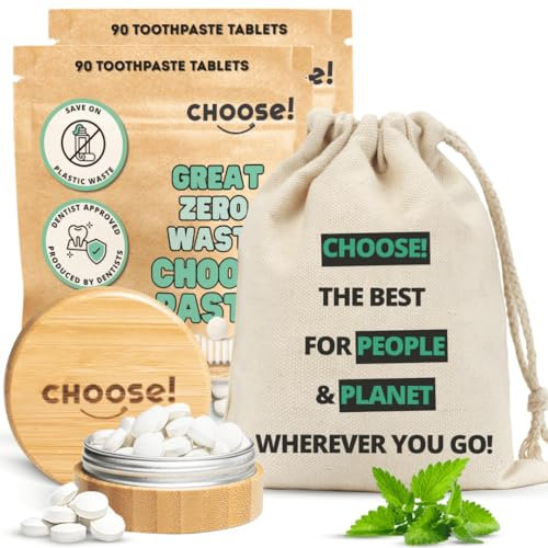 CHOOSE Zahnputztabletten mit Bambus Aufbewahrungsbox & Reisetasche | 12 Wochen Vorrat | 180 Zahnpastatabletten | Nachhaltige Zahnpasta tabletten | Zero waste vegane Zahnpasta Tabs