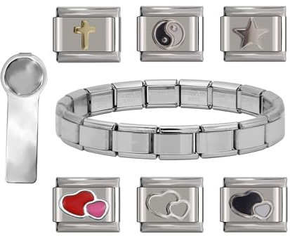 AWEHIRU No Brand Name Starter Kit 18| 6pcs Charms Links| 1 Silver Bracelet| 1 Charm Tool- fits all classic 9mm Italian Style Charm Bracelet - UK stock