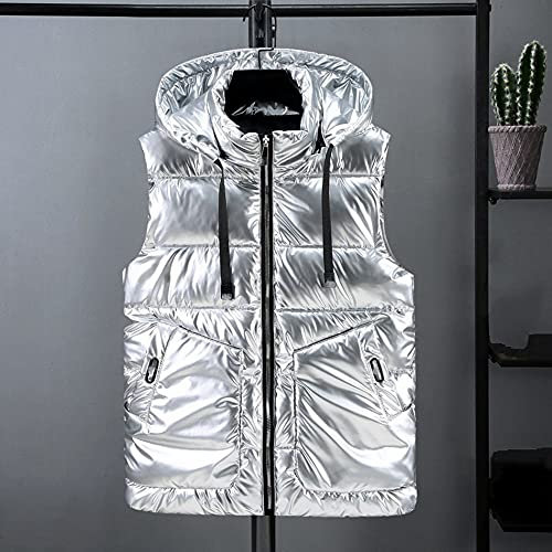 CWENROU Gilet Femme en Duvet - Mode Hiver Doudoune Rétro Argent À Capuche Court Brillant sans Manches Chaud Sports De Plein Air Veste Coupe-Vent Élégante Fête Décontractée, Arge M