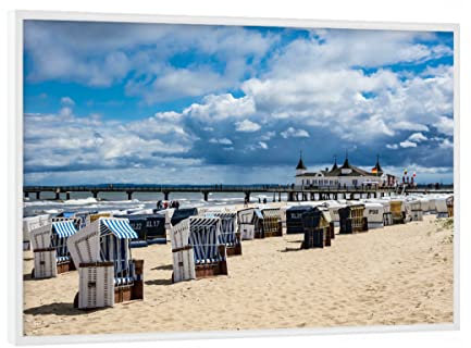 artboxONE Poster mit weißem Rahmen 18x13 cm Natur Seebrücke in Ahlbeck - Bild strandkörbe Beach Himmel