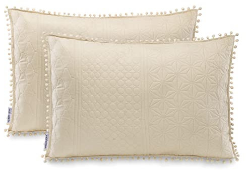 AmeliaHome 2 Kissenbezüge mit Pompons zweiseitig ultrasonic Steppung 50x70 cm Meadore Beige