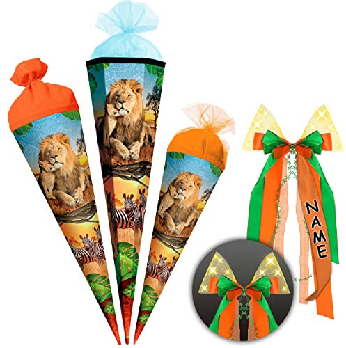 alles-meine.de GmbH Schultüte - Löwe & Zootiere 35-85 cm Größe wählbar mit Holzspitze - Zuckertüte - inkl. LED LICHT - Schleife - Zuckertüte - Tüllabschluß/Filzabschluß..