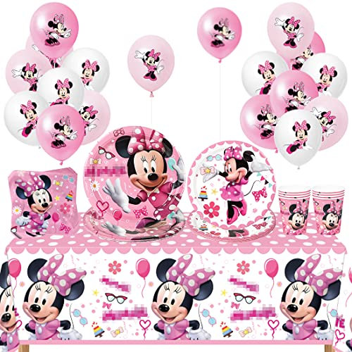 Kit de Vajilla Cumpleaños, 63 Piezas Juego de Vajilla Cumpleaños Rosa Con Globos Platos Tazas Servilletas Manteles Decoración de Mesa Para Cumpleaños Para 8 Niños