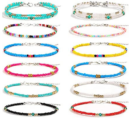 Colrid 12 Stück Fußkettchen Bunt, Einstellbare Fuß Kette, Fußkettchen Boho, Handgemachte Perlen Fußkettchen, Verstellbares Boho Fußketten Set, Modische Strand Fußkettchen für Frauen, Mädchen