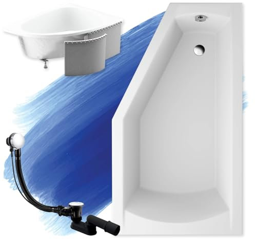 BADLAND Badewanne Original Weiß Acryl Wanne Eckbadewanne SELENA 150x90 Rechts KOMPLETTSET SET mit Premium Styroporverkleidung + Füßen und Exklusive Chrom Automatik Ablaufgarnitur Made in EU 4in1