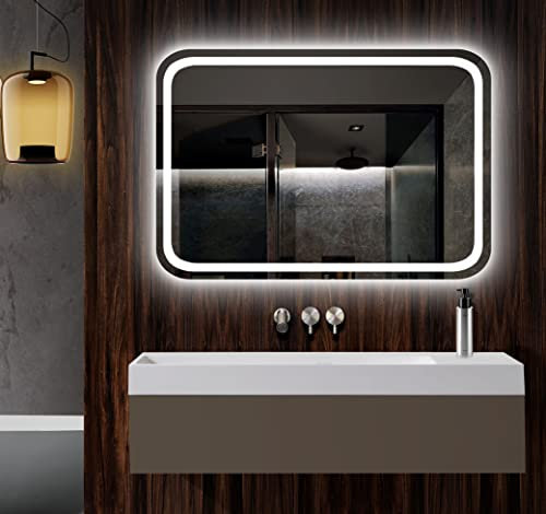 MICE COLLECTION Cristaled - Espejo de Baño con Luz LED cuadrado/rectangulo con cantos redondeados, Espejo de Baño Pared con Iluminación Luz frontal fria - Serie Cosmo 120x80 cm - COSMO120