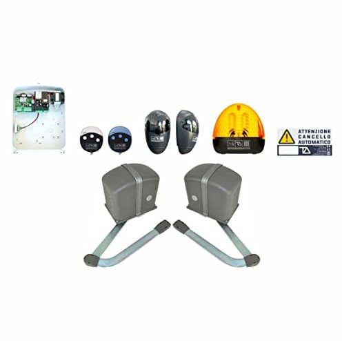 Kit de motor con brazo articulado X70 para puertas batientes, 230 Vac, máx. 250 kg/2 metros por hoja, 2 mandos a distancia Wally, 1 par de fotocélulas, intermitente LED – Tecno Automazione KITBA6TN