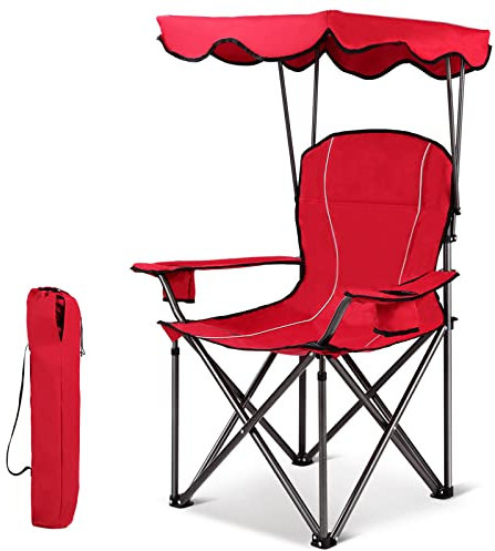 KOMFOTTEU Silla de Camping Plegable con Dosel de Sombra, Asiento Portátil con Soporte para Bebidas y Bolsa para Exteriores, Capacidad 130 kg