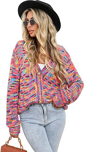 HEYPORK Damen Herbst Winter Warm Bequem Jacke Casual Mode übergangsjacke Mantel Frauen Regenbogen Inter-farbigen Kurze Strickjacke Gestrickt Button Down Jacke