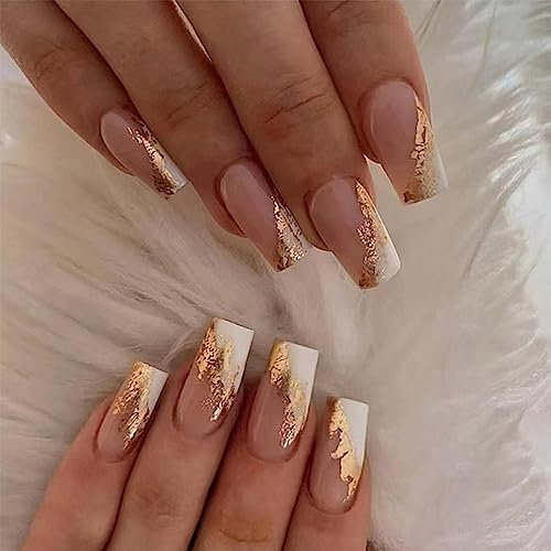 TMUT 24pcs Square False Nails White Tip Stick on Nails Gold Sequins Press on Nails Pink Removable Glue-on Nails Fake Nails Women Girls Nail Art Accessories