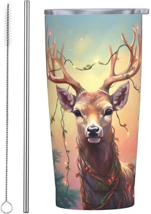 cfpolar Thermobecher aus Edelstahl, Motiv: Weihnachtsbaum, Hirsch, Neonlicht, 590 ml, isolierter Reise-Kaffeebecher mit Deckel und Strohhalm, langlebige Kaffeetasse, Wasserflasche für kalte und heiße