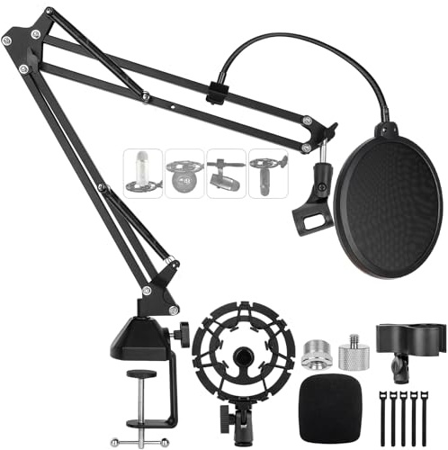 Support de microphone pour Blue Yeti amélioré - Bras de perche de micro pour Hyperx Quadcast Blue Yeti Pro X Snowball avec support antichoc de qualité supérieure, filtre anti-pop, pare-vent, support
