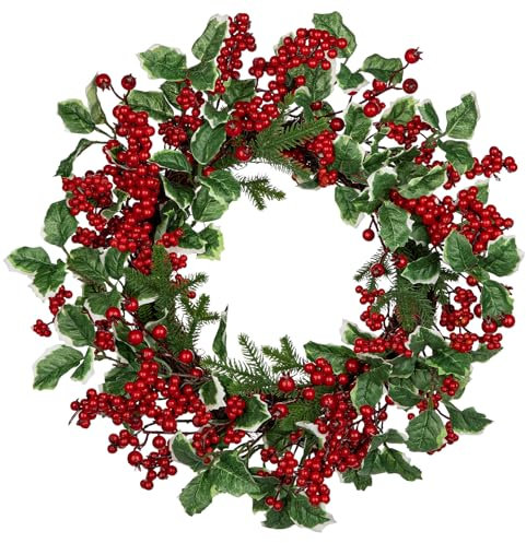 Hollyone 18 Christmas Wreath for Front Door Artificial Wreath with Berry Clusters and Holly Leaves for Christmas Thanksgiving Winter Holiday Decoration