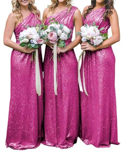 Vestido de dama de honor con lentejuelas brillantes de un hombro para mujer, vestido formal para boda, rosa fucsia, 46
