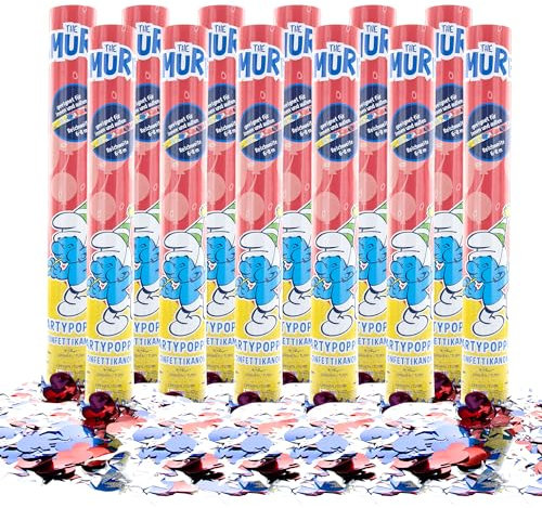 Party Factory – Konfettikanone Schlümpfe Party Popper 12er Set – Partygadgets Konfetti Kanone 40cm mit bunt schimmernden Schnipseln für Kindergeburtstag – Bis 8m Flughöhe, für Innen & Außen