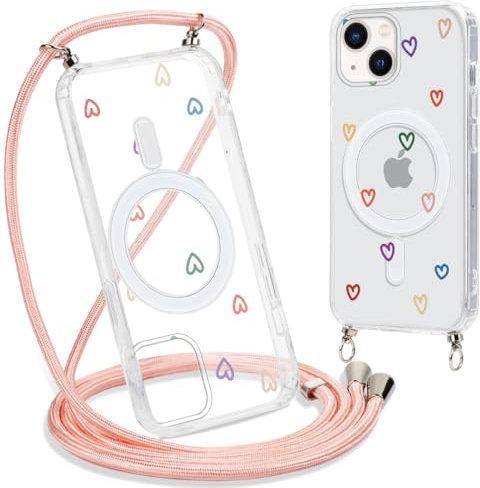 Yoedge Magnetique Coque pour iPhone 14 Plus 6,7 Con Cordon, Compatible avec MagSafe, Transparent Étui Souple Silicone TPU Antichoc Protection Housse Collier Case Cover avec Aesthetic Motif Coeur