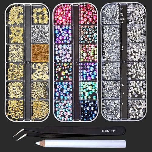 EUDUQ 3 Boxen Nägel Strasssteine Set,bunt Perle Strasssteine,Golden Nail Art Charms Kristall Nagelkunst Glitzersteine hotfix klar Strass mit Pinzette und Wachsstift,Für Nagel/Textilien/Bekleidung/DIY